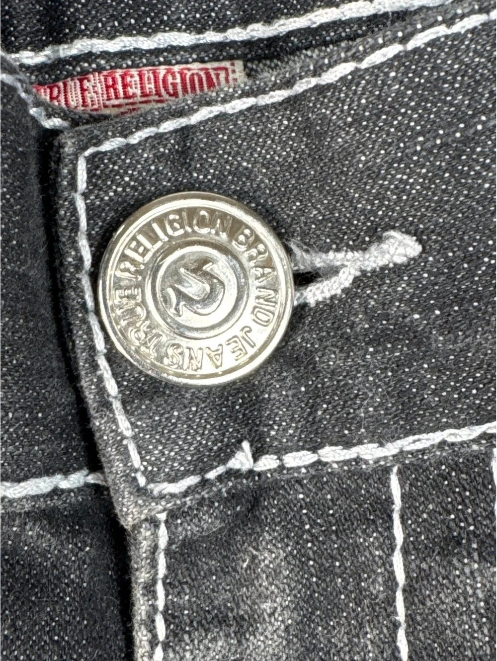 True Religion Black Distressed Denim Jeans with White Stitching